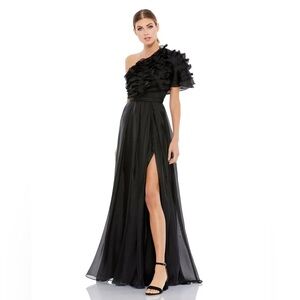 Mac Duggal NEW Black One Shoulder Ruffle Floor Length Gown Size 6